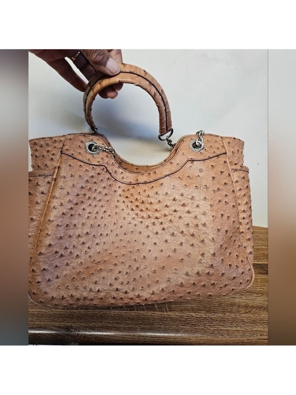 Simulated Leather Ostrich Satchel Handbag